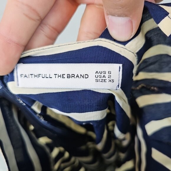 Faithfull The Brand Milan Striped Midi Dress Womens XS Navy Cream Rayon V-Neck - Picture 3 of 9